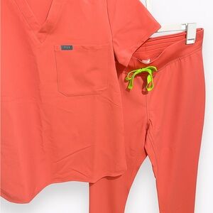 Figs Coral Scrub Set with Lime Tie